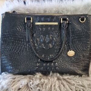 Brahmin Lincoln Satchel Black Croc-Embossed Structured Tote with Gold Accents
